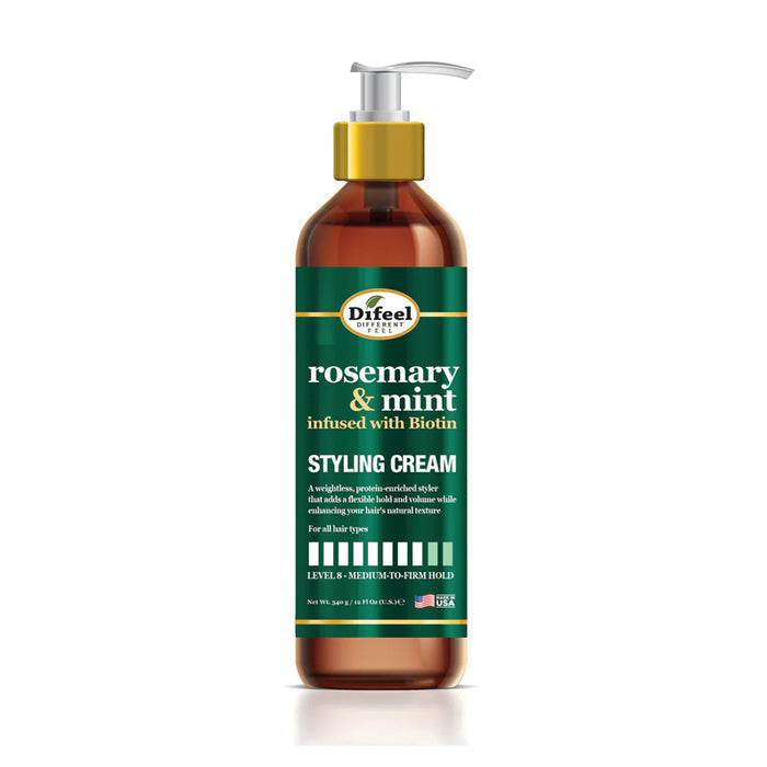 DIFEEL rosemary and mint styling cream in amber pump bottle with green label infused with biotin for styling