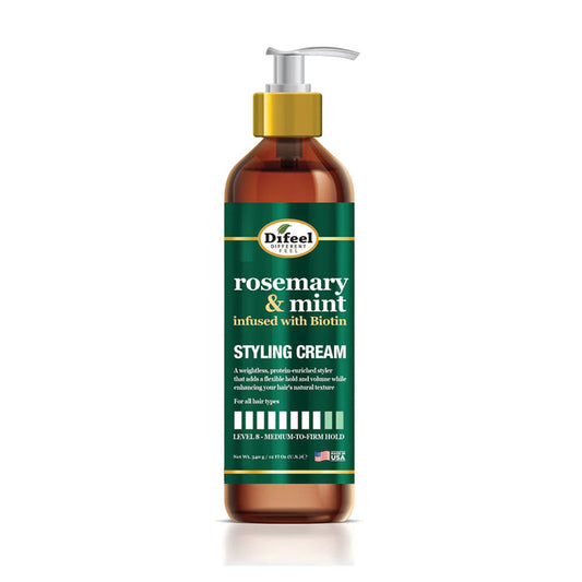 DIFEEL rosemary and mint styling cream in amber pump bottle with green label infused with biotin for styling