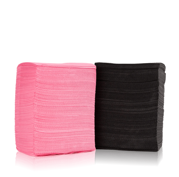 Disposable Bibs from Paris Lash Academy: Pink and Black (front view of a whole pack in each color)