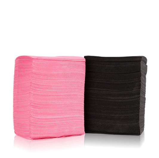 Disposable Bibs from Paris Lash Academy: Pink and Black (front view of a whole pack in each color)