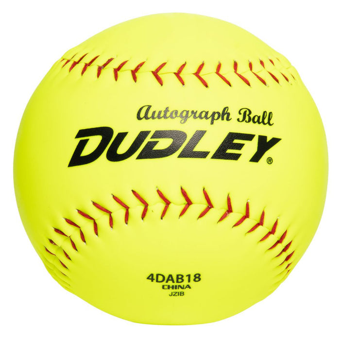 A yellow Dudley 18" Trophy Autograph Softball (4DAB18) features red stitching and black printed text, including "Autograph Ball," "DUDLEY," and "4DAB18 CHINA JZ1B.