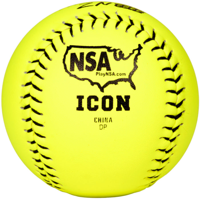 The Dudley NSA Thunder ZN Hard Core ICON 11" 44/400 composite slowpitch softball features a bright yellow cover with black stitching and prints including “NSA ICON,” a U.S. outline, “PlayNSA.com,” and “CHINA DP.”.