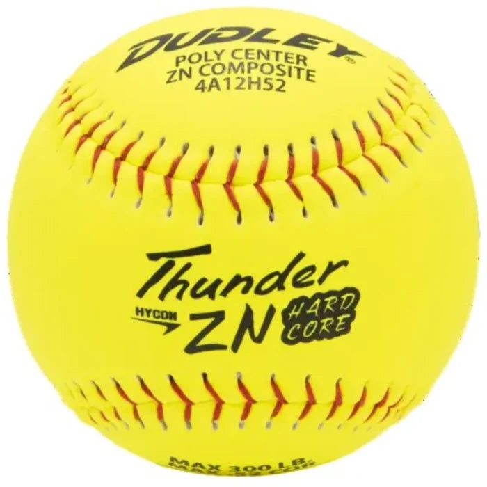 The Dudley USA Thunder ZN Hard Core 12" 52/300 Composite Slowpitch Softball (4A12H52) features a bright optic yellow cover, red stitching, and black marking for USA slowpitch play. Brand: Dudley.