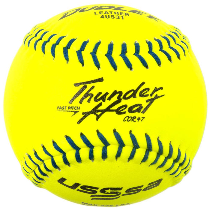 The Dudley USSSA Thunder Heat 11" 47/375 Leather Fastpitch Softball (4U531) from Dudley is a bright yellow ball with blue stitching, perfect for players seeking quality USSSA-certified fastpitch softballs.