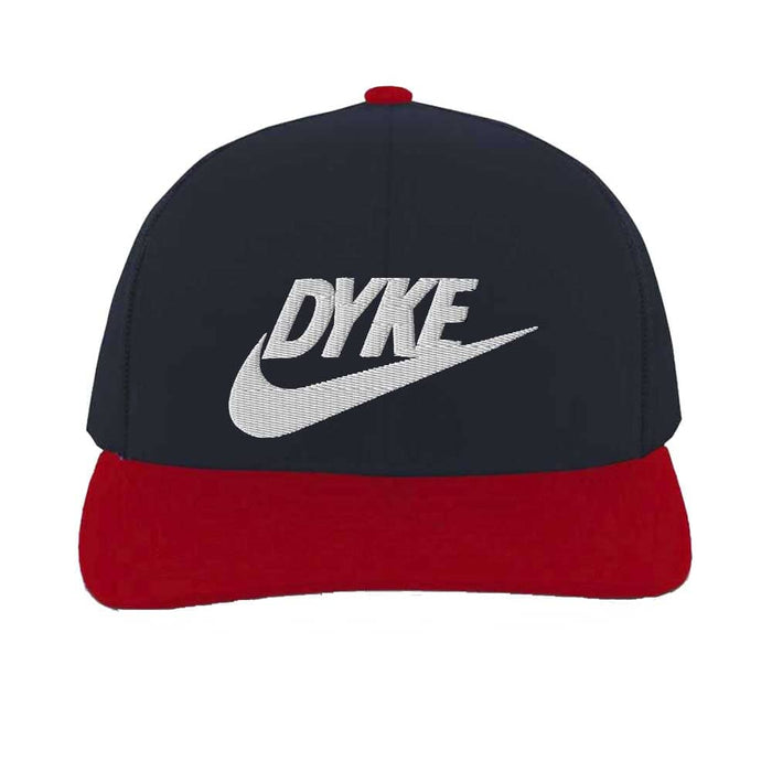 Dyke Sport Mesh Trucker Snapback Hat Navy with Red with white