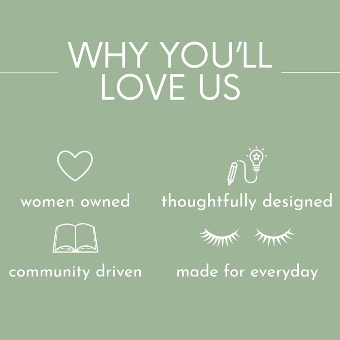 Green background with white text and icons listing reasons to love a brand.
