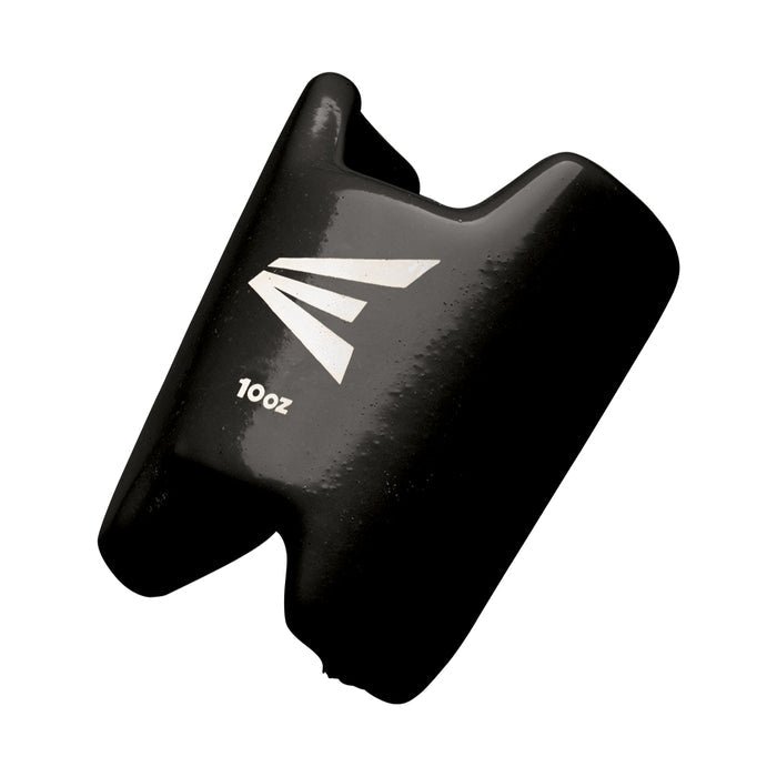 The Easton 10 oz XL Bat Weight (A153020) is a black, rectangular training aid with a white stylized E logo, designed for live hitting sessions. Featured is the Easton brand and photographed on a white background.