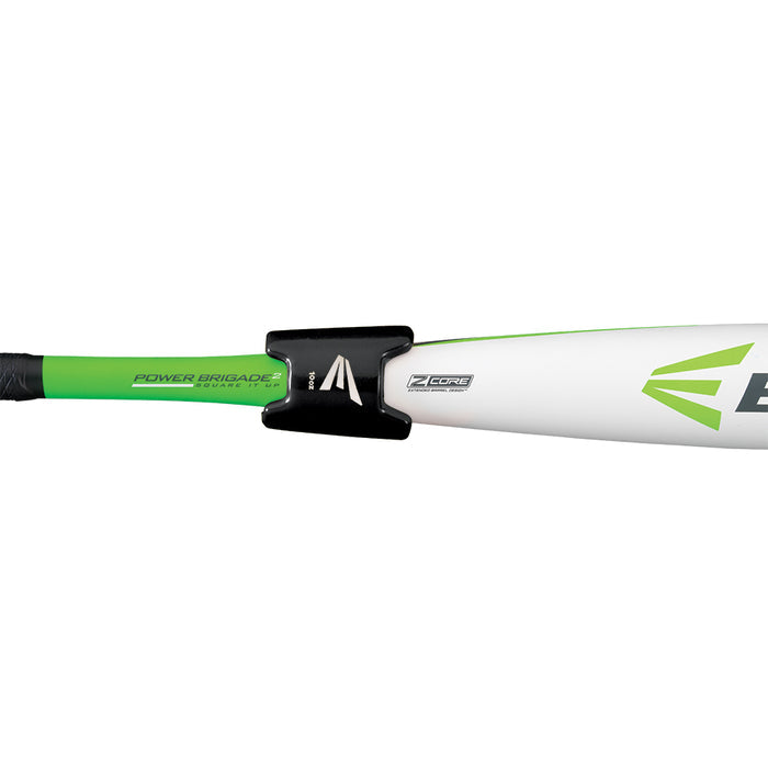 A close-up of a baseball bat with a green and white handle, featuring the Easton 10 oz XL Bat Weight (A153020) by Easton near the barrel—a training aid commonly used during live hitting sessions.