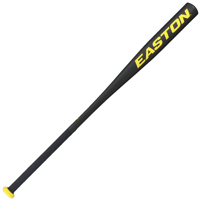 The Easton F4 Alloy Fungo Training Bat (model 6058885) is displayed on a white background, featuring a black and yellow color scheme with the Easton brand name printed in large yellow letters on the barrel and equipped with a pro tapered grip.