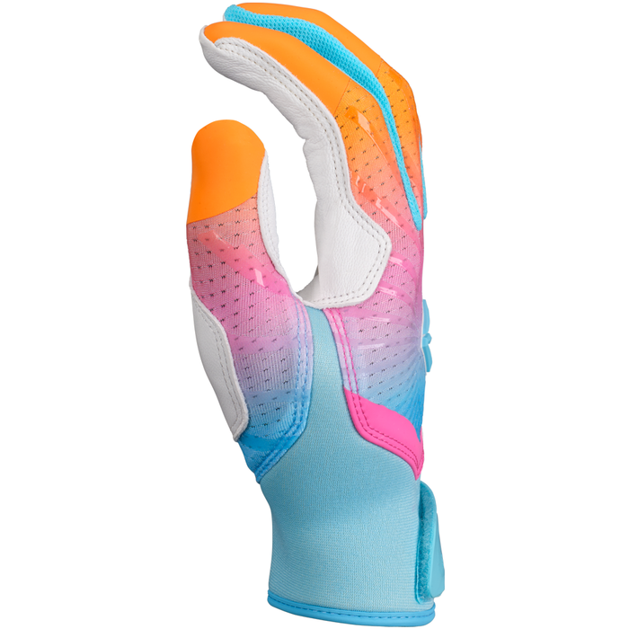 The Easton Ghost Ethos Limited Edition Fastpitch Batting Glove (GH26FPBG) features vibrant orange, blue, pink, and white colors, perforated material, and a secure wrist strap—designed by Easton for fastpitch softball athletes.