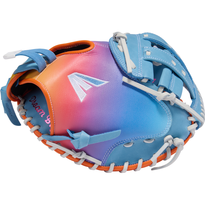 The Easton Jen Schro MYWHY 33" Fastpitch Catcher's Mitt (MYWHY-DREAMBIG) features a pink, purple, blue, and orange gradient, white laces, an embroidered logo, Diamond Pro steerhide build, and "Dream Big" stitched in pink inside.