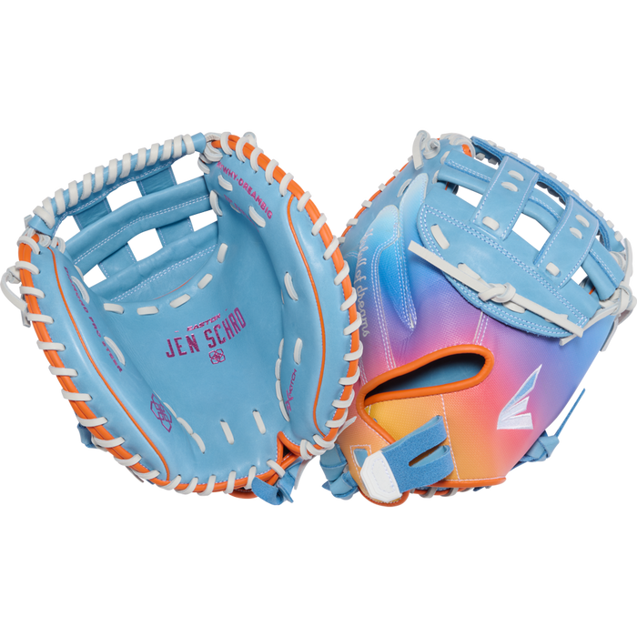 The Easton Jen Schro MYWHY 33" Fastpitch Catcher's Mitt sports a pastel blue, orange, and white palette. One side displays the Jen Schroeder branding on the palm, while the back fades from purple to orange with white laces and Diamond Pro steerhide logo.