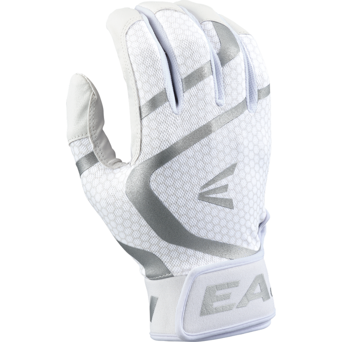 A white Easton Mav GT Youth Batting Glove (MAVGTYBG), featuring gray accents, a honeycomb pattern, "E A" on the wrist strap, and premium goatskin leather from Easton, shown against a plain light background.