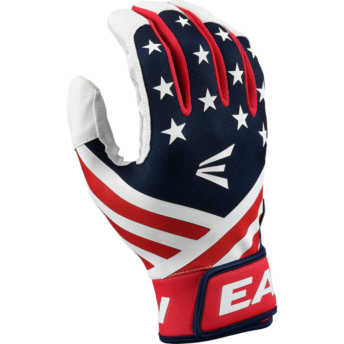 The Easton Mav GT Youth Batting Gloves (MAVGTYBG) feature a USA-inspired red, white, and blue design with stars and stripes, durable goatskin leather, and the Easton logo on the back of the hand.