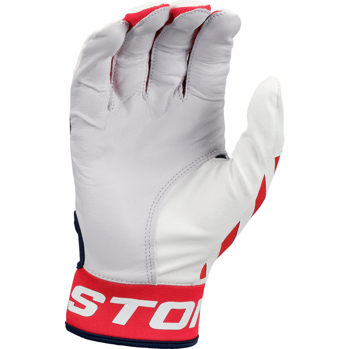 A white and red Easton Mav GT Youth Batting Glove with visible stitching, a partially closed hand, and "STON" in bold on the wristband—made from premium goatskin leather for top comfort and performance.