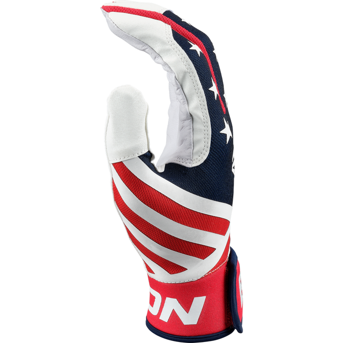 The Easton Mav GT Youth Batting Gloves (MAVGTYBG) feature a patriotic stars and stripes design in premium goatskin leather, resembling the American flag—perfect for young players seeking both style and performance.
