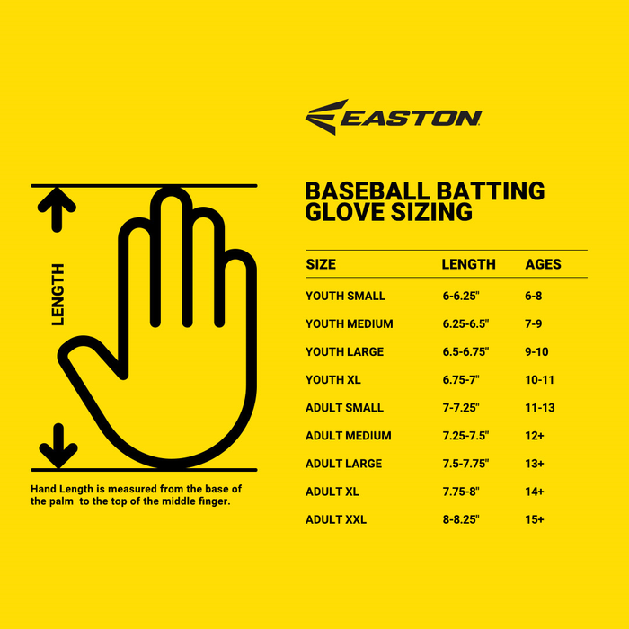 A size chart for Easton Mav GT Youth Batting Gloves (MAVGTYBG) by Easton shown on a yellow background, with a hand illustration for measuring length, glove sizes, length ranges, and age groups to find the right fit.