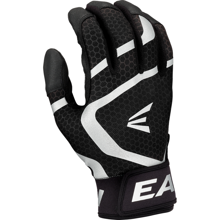 The Easton Mav GT Youth Batting Glove (MAVGTYBG) in black features a hexagonal pattern, white and gray accents, the Easton logo on the back, and is made from durable goatskin leather. The palm faces away with slightly bent fingers for a natural fit.