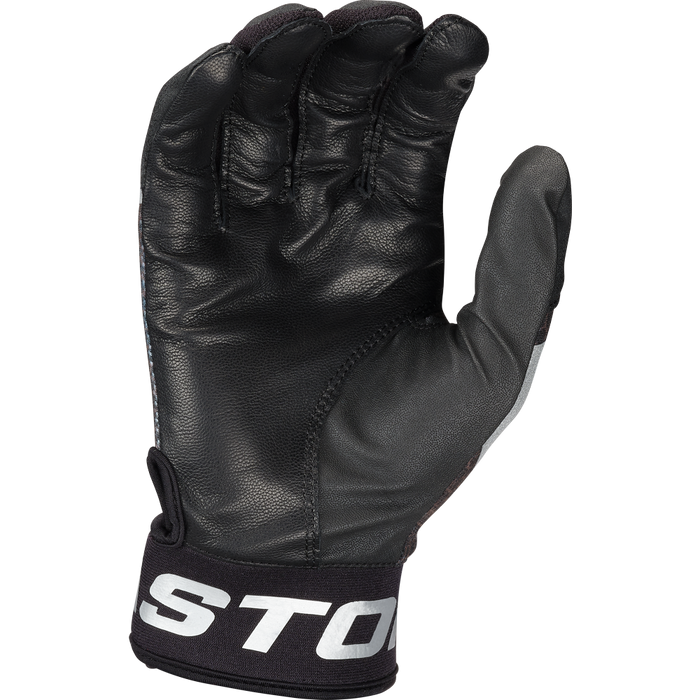 A black Easton Mav GT Youth Batting Glove (MAVGTYBG) with visible stitching is shown palm forward. It features a Velcro wrist strap with partially visible white text, resembling Easton's branding.