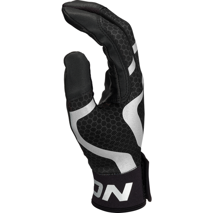 The Easton Mav GT Youth Batting Glove (MAVGTYBG) in black and gray features a honeycomb pattern, reflective accents, and a bold white Easton logo on the wrist strap, shown upright with slightly bent fingers.
