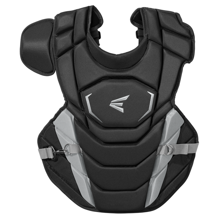 The Easton Phenom Catcher’s Chest Protector: PHENOMCP, in black, features comprehensive shoulder padding and adjustable side straps. Expertly crafted by Easton as essential protective gear, this chest protector is ideal for baseball or softball catchers.