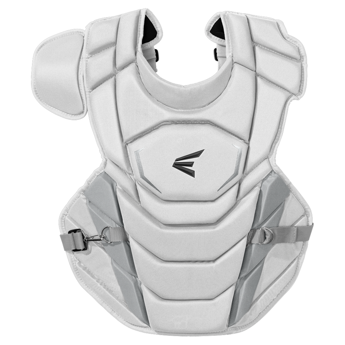 A white Easton Phenom Catcher’s Chest Protector (PHENOMCP) with padded shoulder and lower body coverage, featuring a central black Easton logo, used as essential protective gear for baseball or softball.