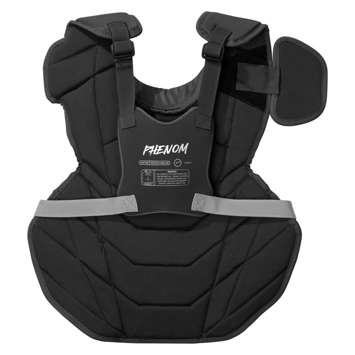 The Easton Phenom Catcher’s Chest Protector (PHENOMCP) by Easton features black padded construction with geometric stitching patterns, adjustable shoulder and side straps, and is designed for sports or protective use—making it ideal baseball protective gear for catchers.