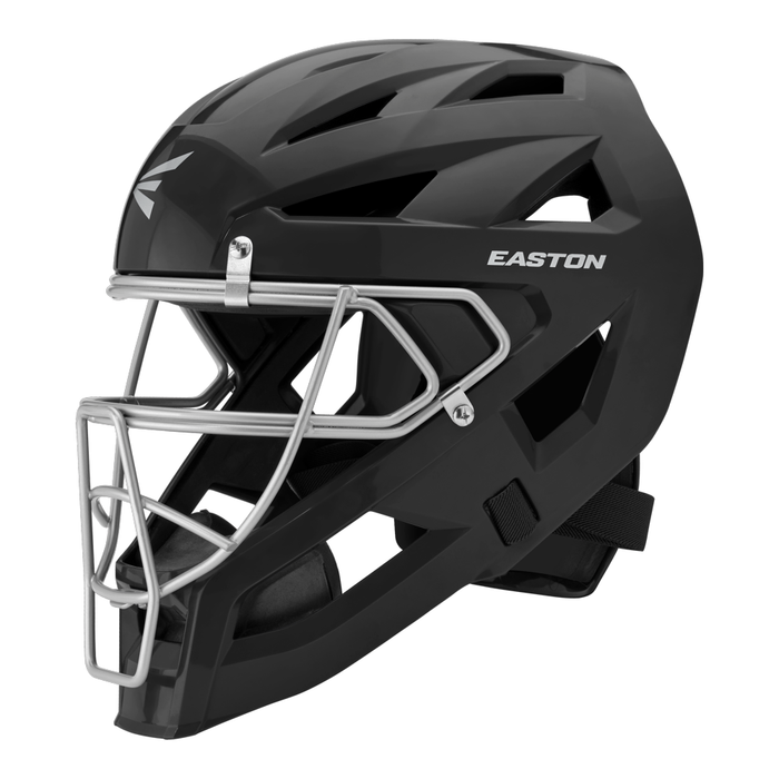 The Easton Phenom Catcher’s Helmet: PHENOMCH, shown in black with EASTON branding on the side, features a durable metal face guard and is displayed against a white background. This essential Easton catcher’s helmet provides both safety and style behind the plate.