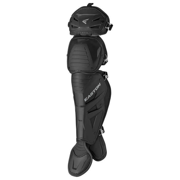 Black Easton Phenom Catcher’s Leg Guards (PHENOMLG) feature enhanced knee, shin, and ankle protection with adjustable straps and segmented padding, shown against a white background.