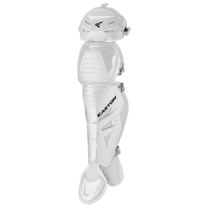 White Easton Phenom Catcher’s Leg Guards (model PHENOMLG), featuring enhanced knee padding for superior protection of the knee, shin, and foot. Designed by Easton for safety during games and displayed against a plain white background.