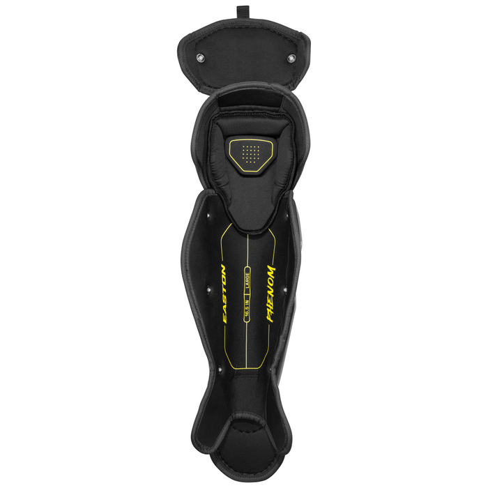 Black and yellow Easton Phenom Catcher’s Leg Guards (PHENOMLG) by Easton, displayed from above with the top flap open to reveal interior cushioning, knee padding, and label details—providing padded protection ideal for catchers.