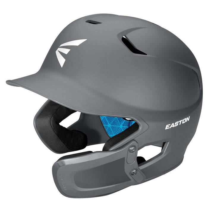 The Easton Z5 2.0 Matte Solid Batting Helmet with Universal Jaw Guard (Z52MTUJG) features a matte gray finish, blue interior padding, and white Easton branding, offering baseball players added protection and style.