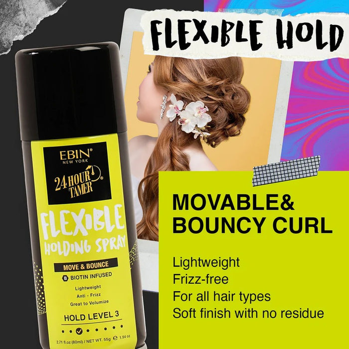 EBIN 24 Hour Tamer flexible hair holding spray bottle with model showing movable bouncy curl