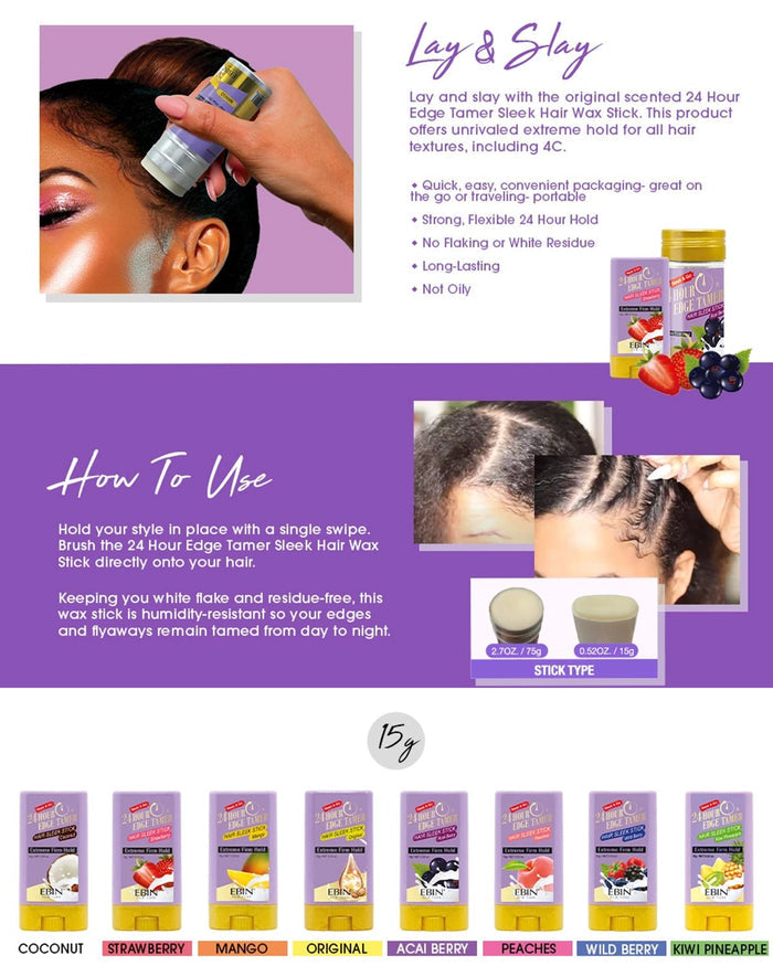Ebin New York 24 hours Edge Tamer Sleek Hair Wax Stick Extreme Firm Hold 0.53oz - ikatehouse