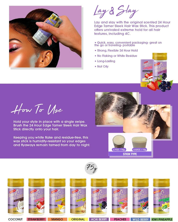 Ebin New York 24 hours Edge Tamer Sleek Hair Wax Stick Extreme Firm Hold 2.7oz - ikatehouse