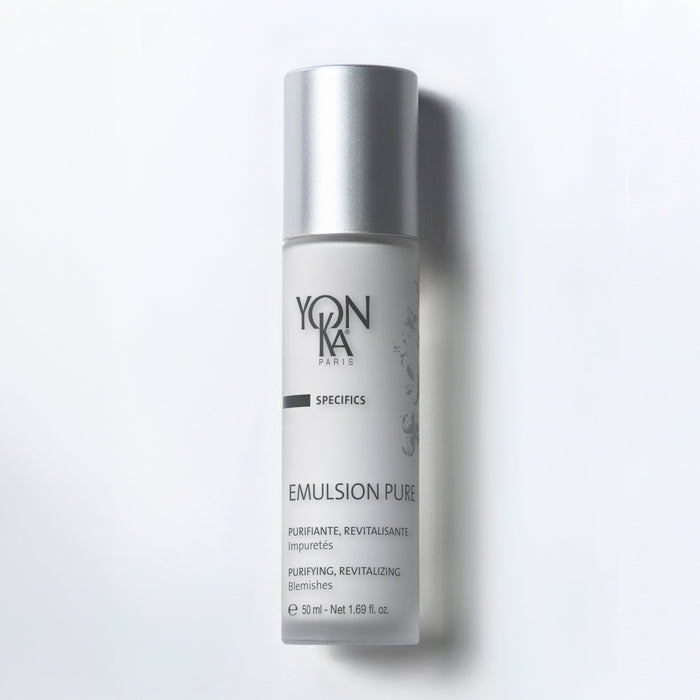 Emulsion Pure 50 ml white bottle with Yon-Ka Paris label and pump, purifying water-based formula for blemish-prone skin