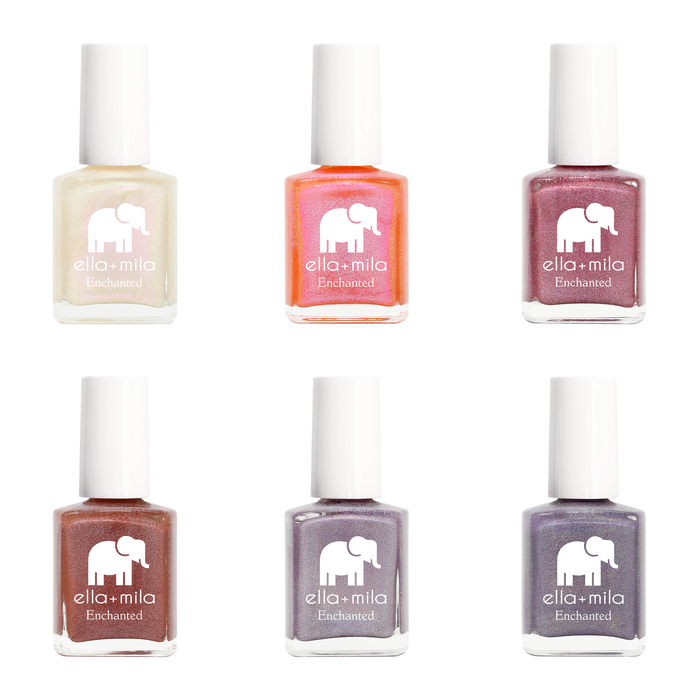 Enchanted Collection Set B 6 nail polish bottles in nude, coral, berry, wine, mauve and grey purple