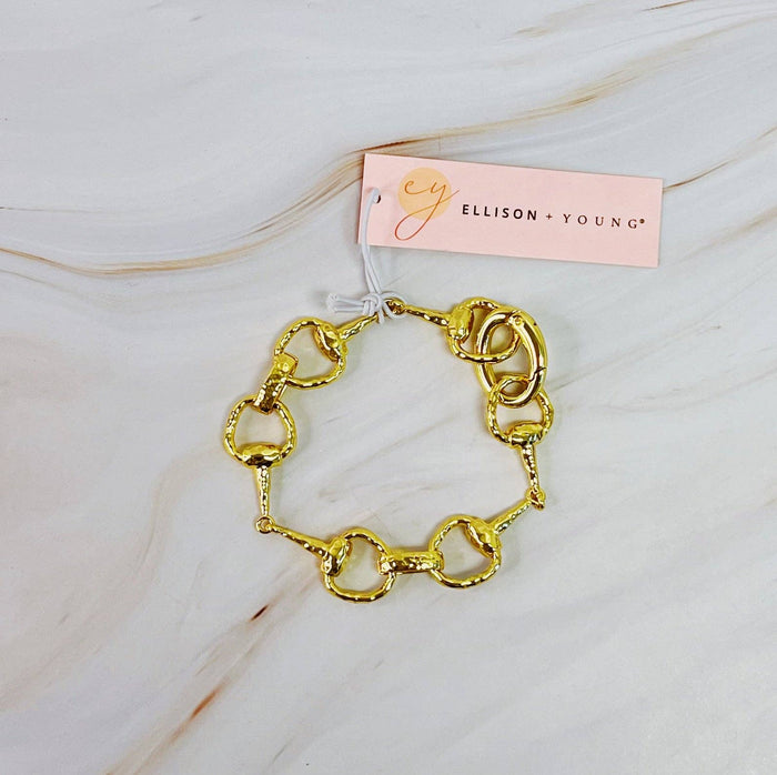 Ellison+Young equestrian linked bracelet featuring metal chain links and horse-themed charm, stylish jewelry accessory