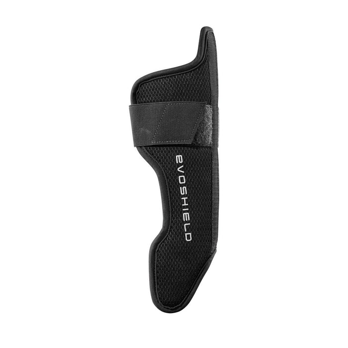 The EvoShield Pro-SRZ Gel-to-Shell™ Catcher's Lower Leg Guards (WB570800 / WB571030) in black, shown from the side with Velcro strap on a white background, provide custom-molded lower leg protection for catchers.