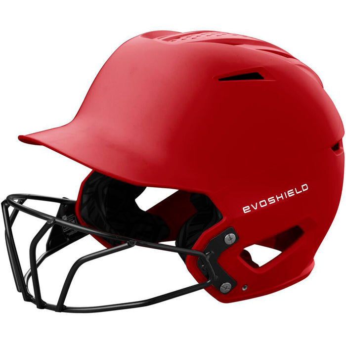 The EvoShield XVT 2.0 Matte Batting Helmet with Fastpitch Mask (WB572570) by EvoShield is shown in bright red with a black faceguard and ventilation holes, SEI certified for protection and style on a white background.