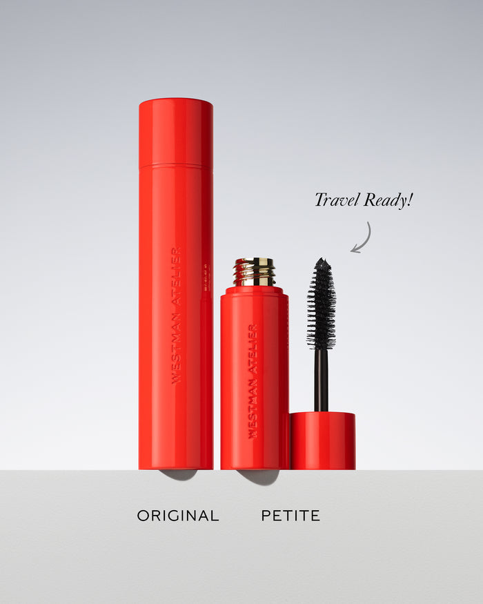 Comparison of full-size mascara in a red tube to petite-sized mascara in red tube.