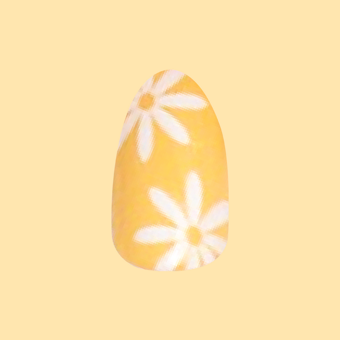 Floral Fun - Press-On | Medium | Almond showing medium almond false nail with marigold and white daisy floral design