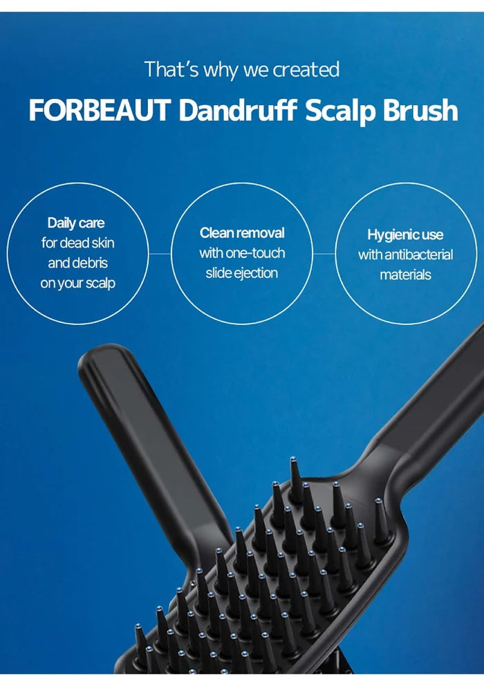 FORBEAUT dandruff scalp brush with features on a blue background
