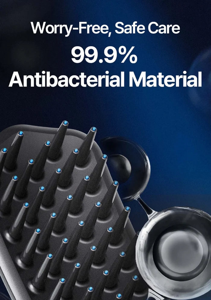 Black hairbrush with blue bristle tips on a dark background with text about antibacterial material.