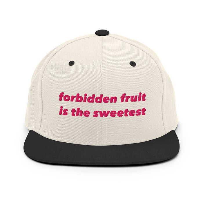 natural black flatbill cap with black brim and pink "forbidden fruit is the sweetest" text on a white background