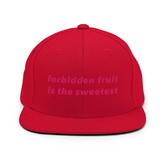 Red flatbill cap with pink text 'forbidden fruit is the sweetest' on a white background