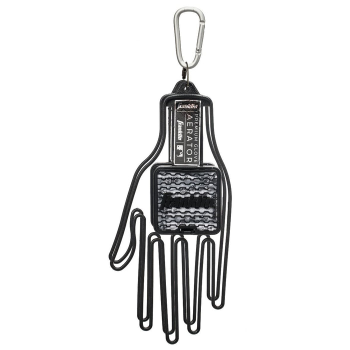 The Franklin MLB Glove Aerator: 2357 is a black wire open-hand keychain with a metallic "AERATOR" label, a textured black palm detail for aeration and odor control, and a silver carabiner at the top.