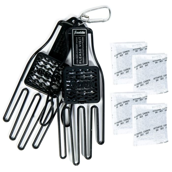 The Franklin MLB Glove Aerator: 2357 by Franklin includes two black glove-shaped plastic aerators with a carabiner and four white activated carbon packets labeled DO NOT EAT, providing effective odor control for your space.