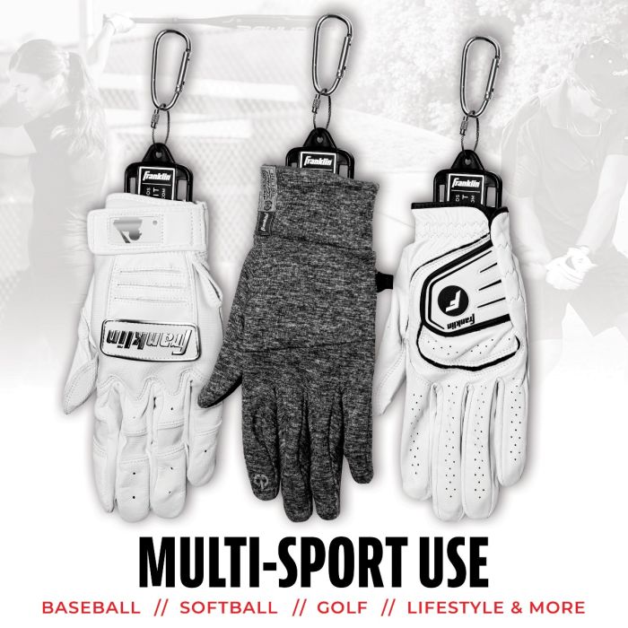 Three Franklin MLB Glove Aerator: 2357 gloves hang by carabiners with athletes in the background. Text reads: “Franklin’s multi-sport glove aerator controls moisture & odor—ideal for baseball, softball, golf & more.”.