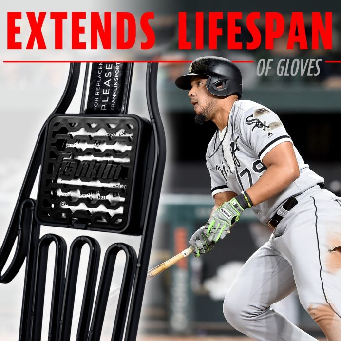 A baseball player swings a bat as the Franklin MLB Glove Aerator: 2357 by Franklin is shown close-up. Bold red text at the top reads, EXTENDS LIFESPAN, with smaller text noting moisture control for gloves.